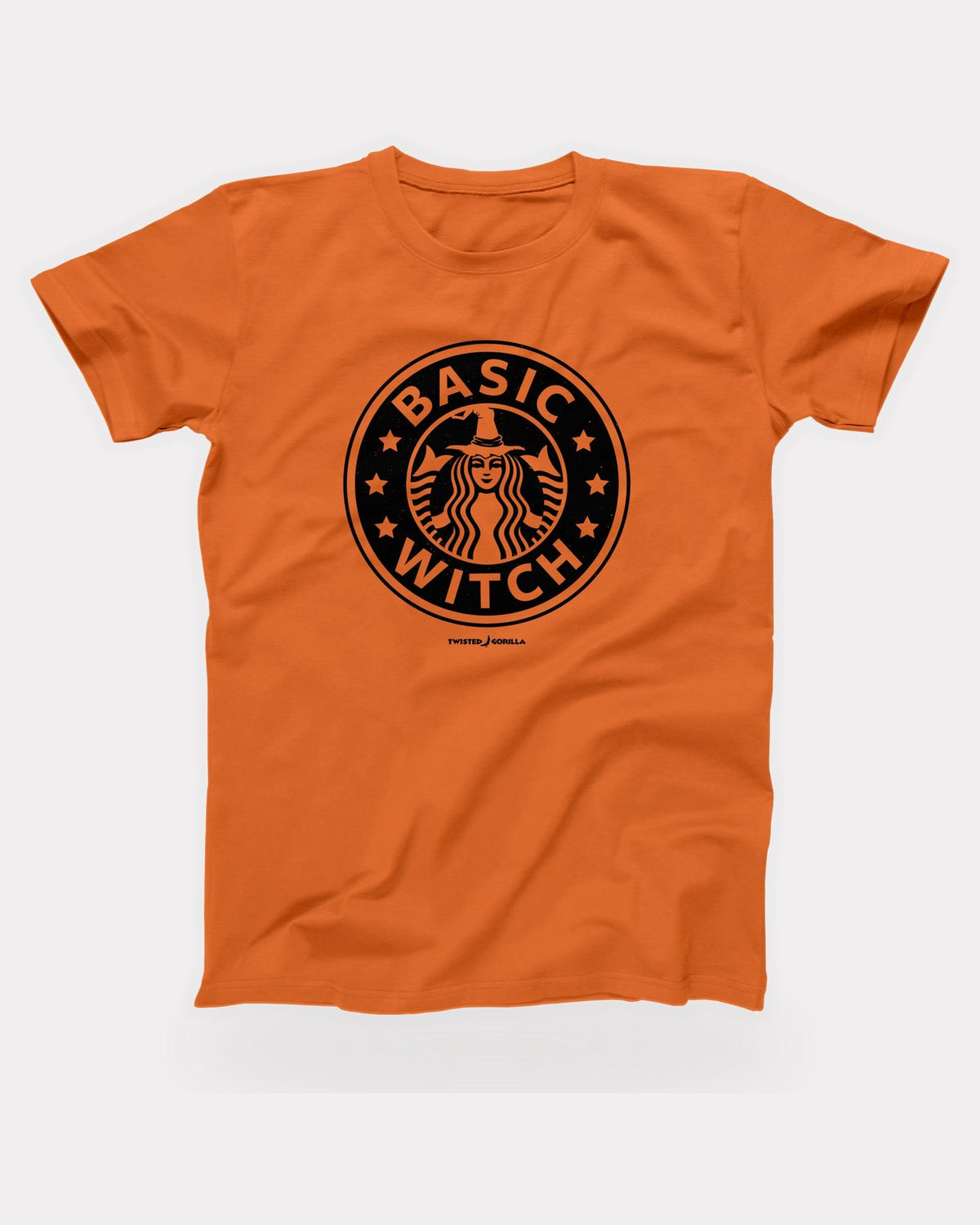 Seattle's Best Basic Witch T-Shirt in Orange, flat lay on grey