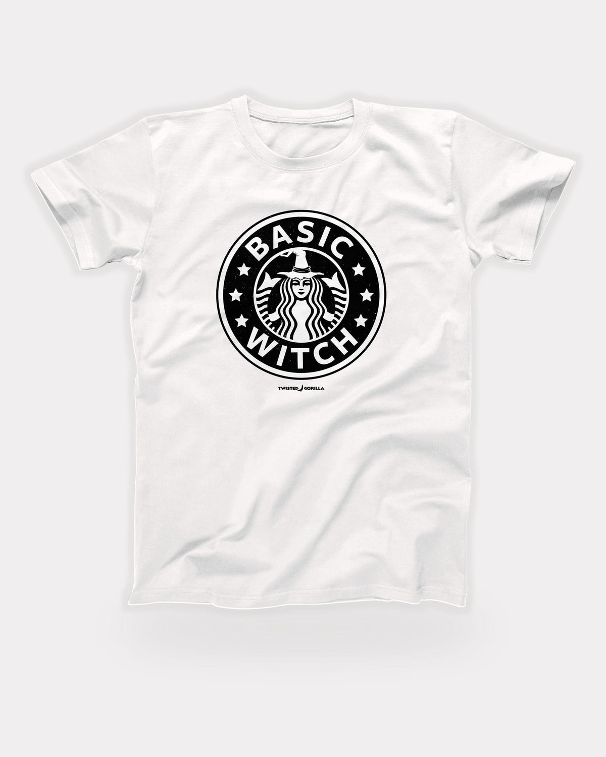 Seattle's Best Basic Witch T-Shirt in White, flat lay on grey