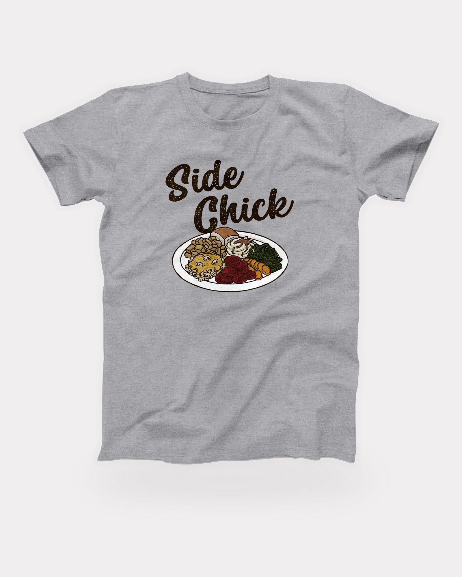 Side Chick T-Shirt in Athletic Heather, flat lay on grey