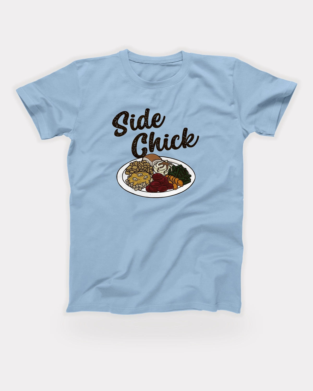 Side Chick T-Shirt in Baby Blue, flat lay on grey
