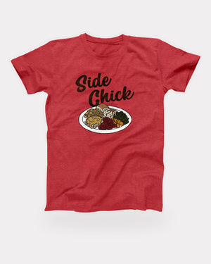Side Chick T-Shirt in Heather Red, flat lay on grey