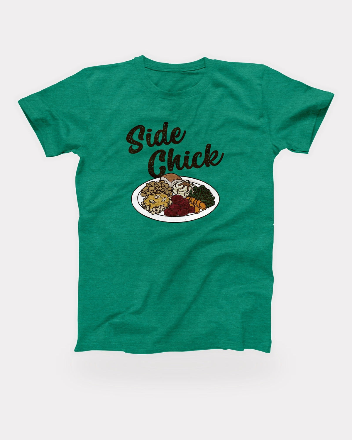 Side Chick T-Shirt in Heather Kelly, flat lay on grey