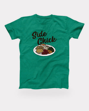 Side Chick T-Shirt in Heather Kelly, flat lay on grey