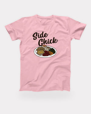 Side Chick T-Shirt in Pink, flat lay on grey