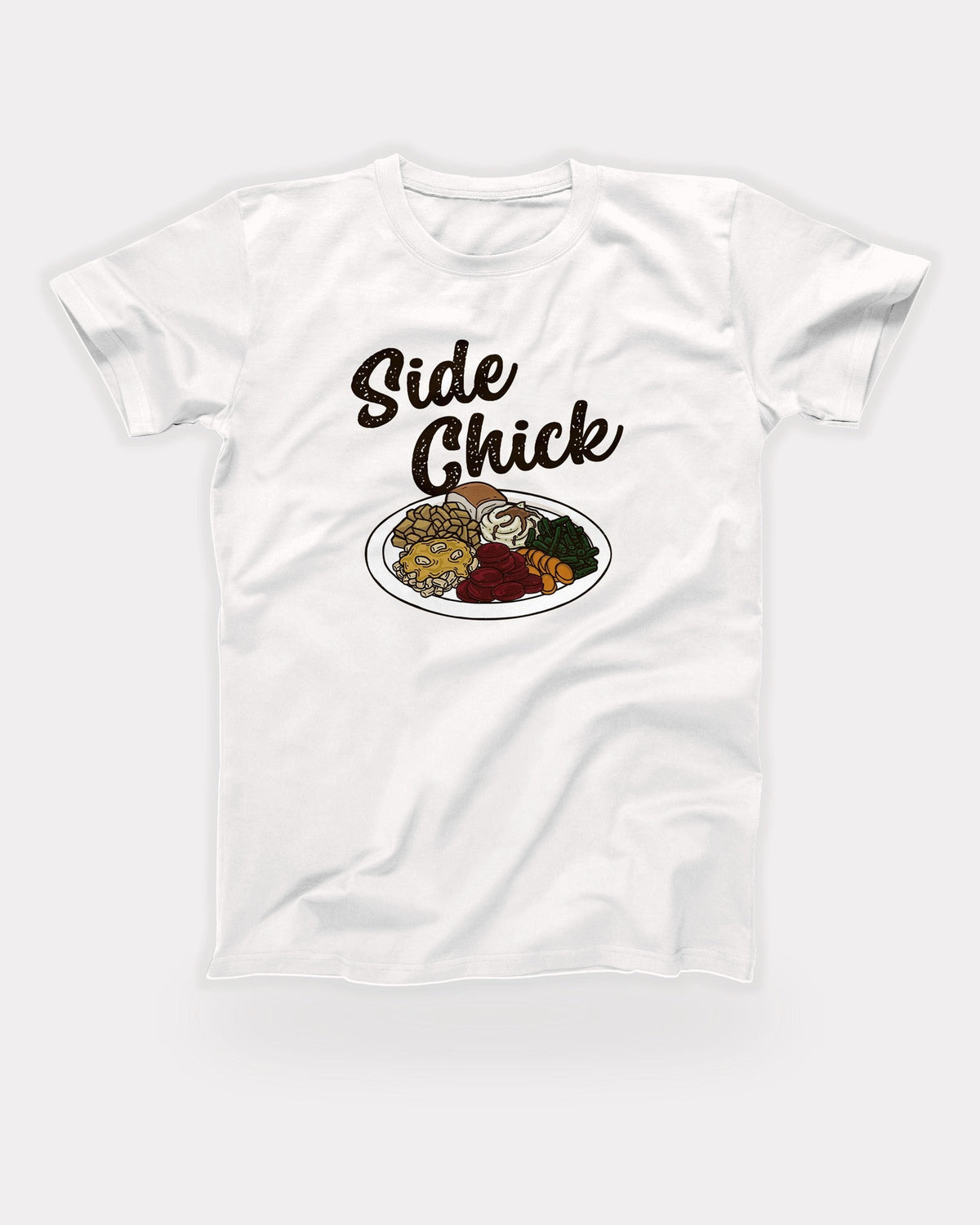 Side Chick T-Shirt in White, flat lay on grey