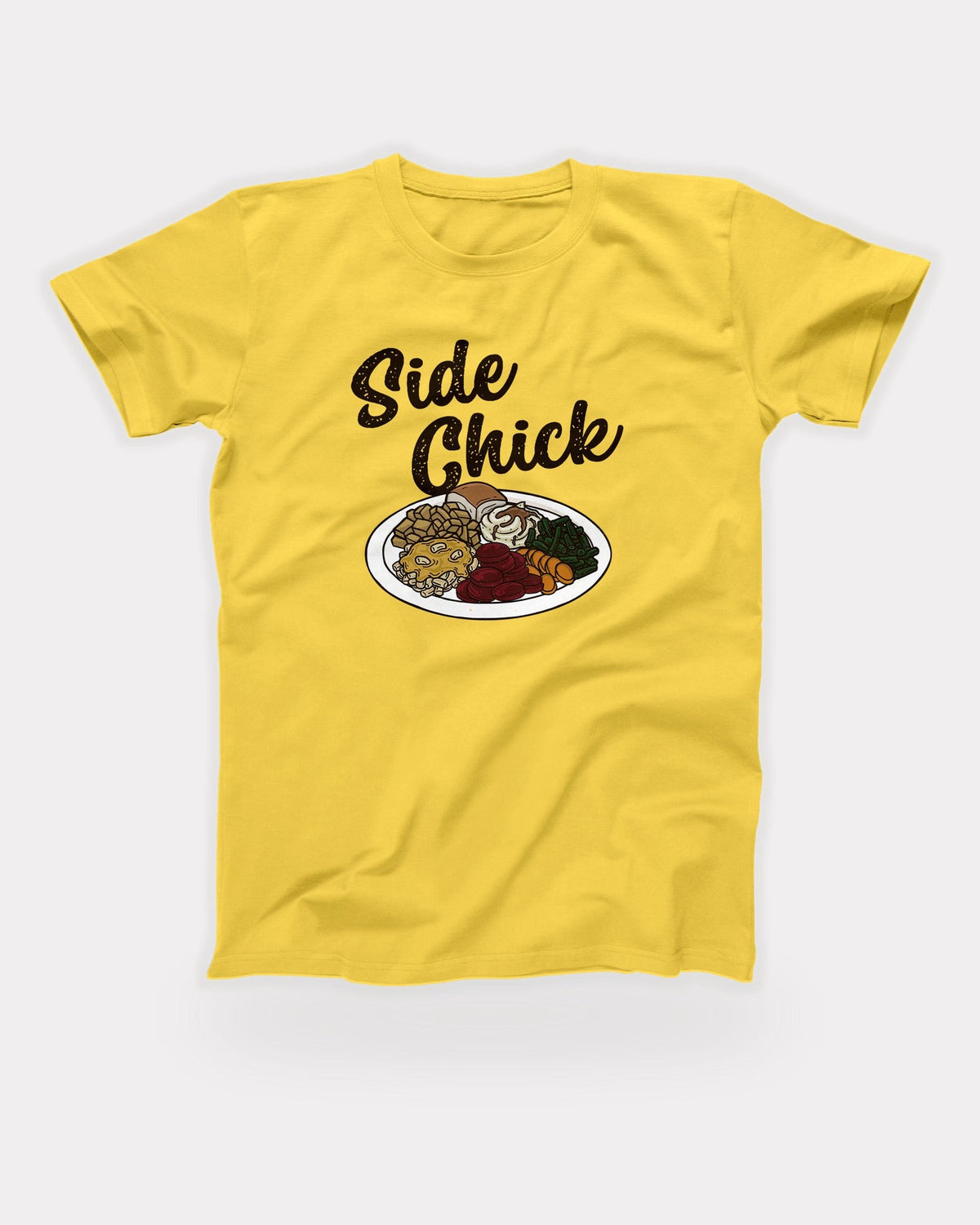 Side Chick T-Shirt in Yellow, flat lay on grey