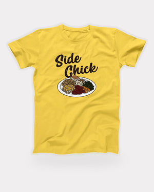 Side Chick T-Shirt in Yellow, flat lay on grey