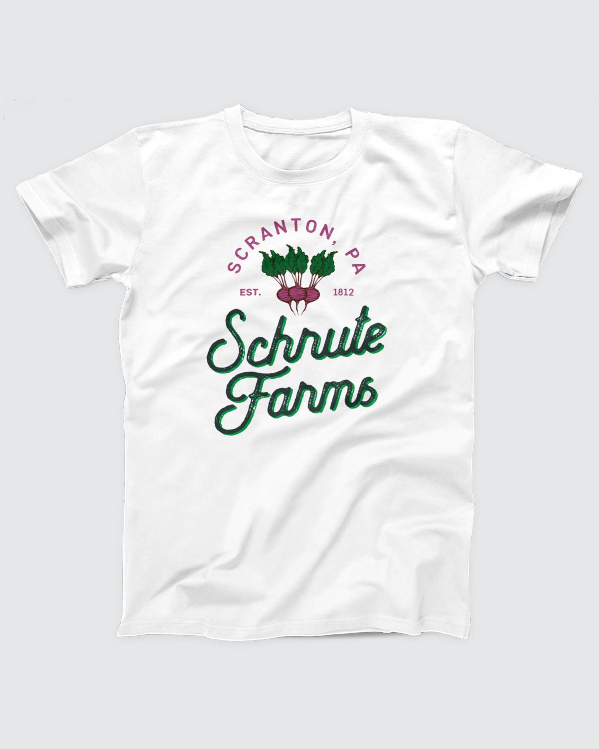 Schrute Farms T-Shirt, flat lay on grey