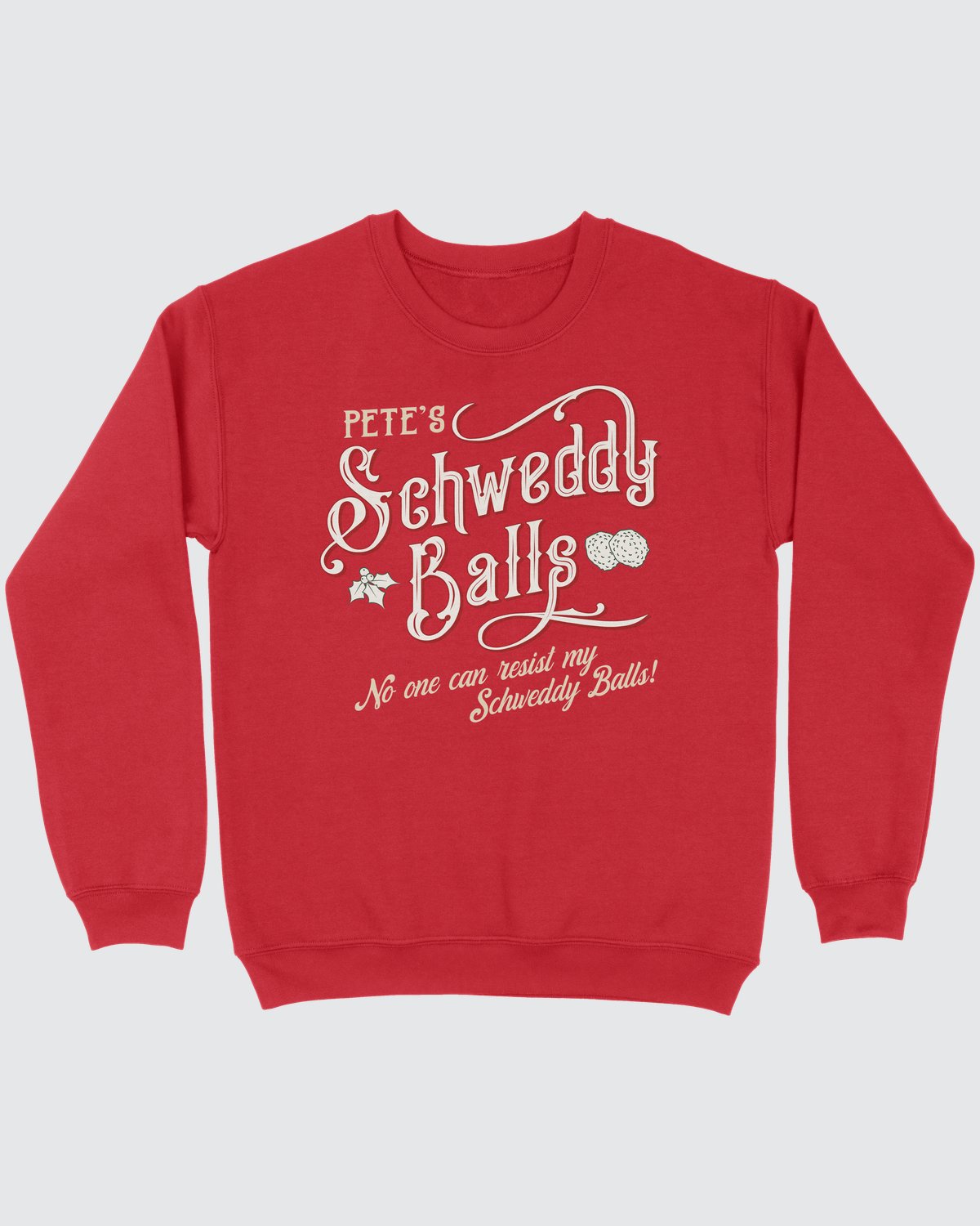 Schweddy Balls Ugly Sweater, flat lay on grey