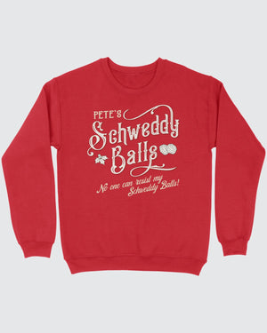 Schweddy Balls Ugly Sweater, flat lay on grey