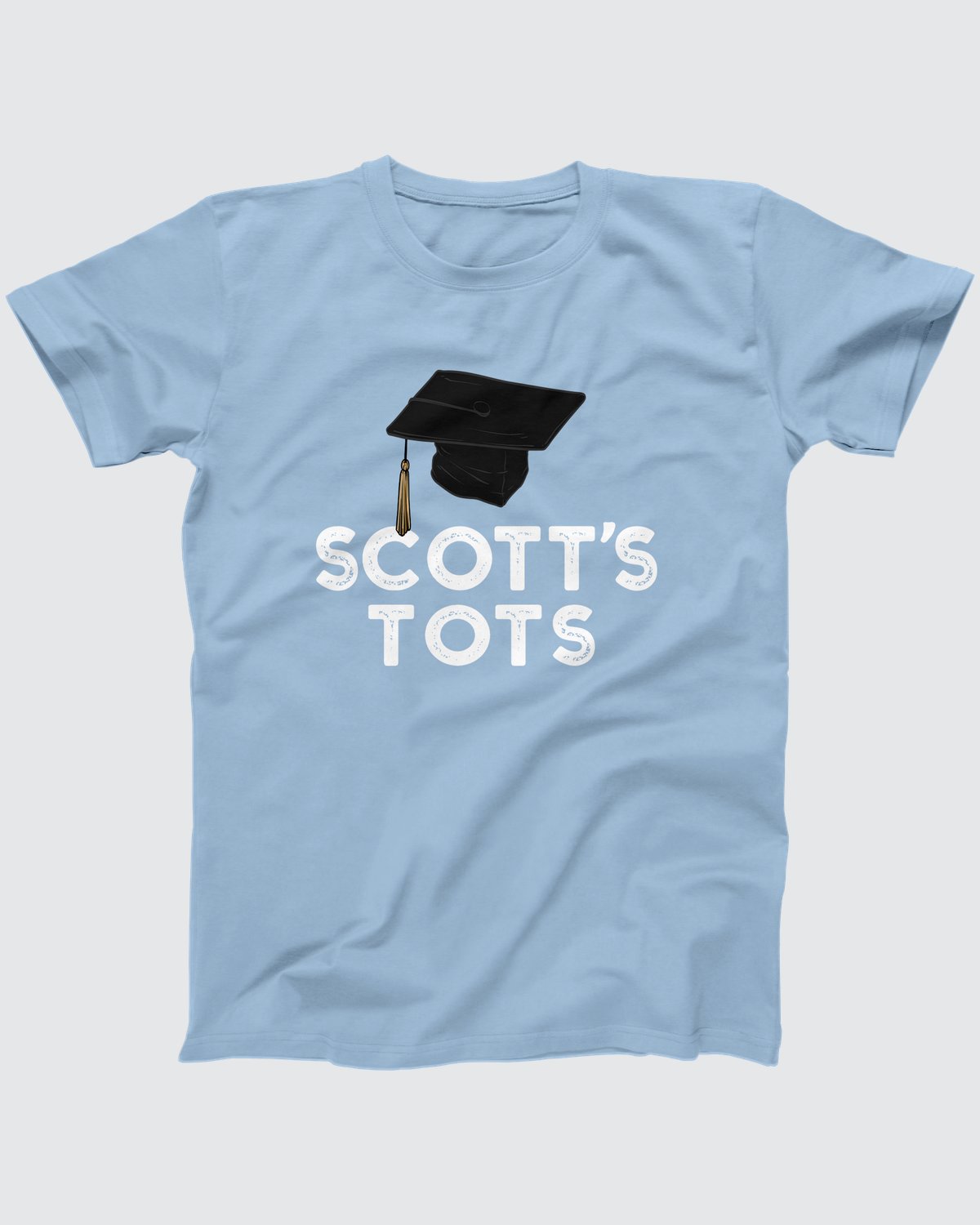 Scott's Tots T-Shirt, flat lay on grey