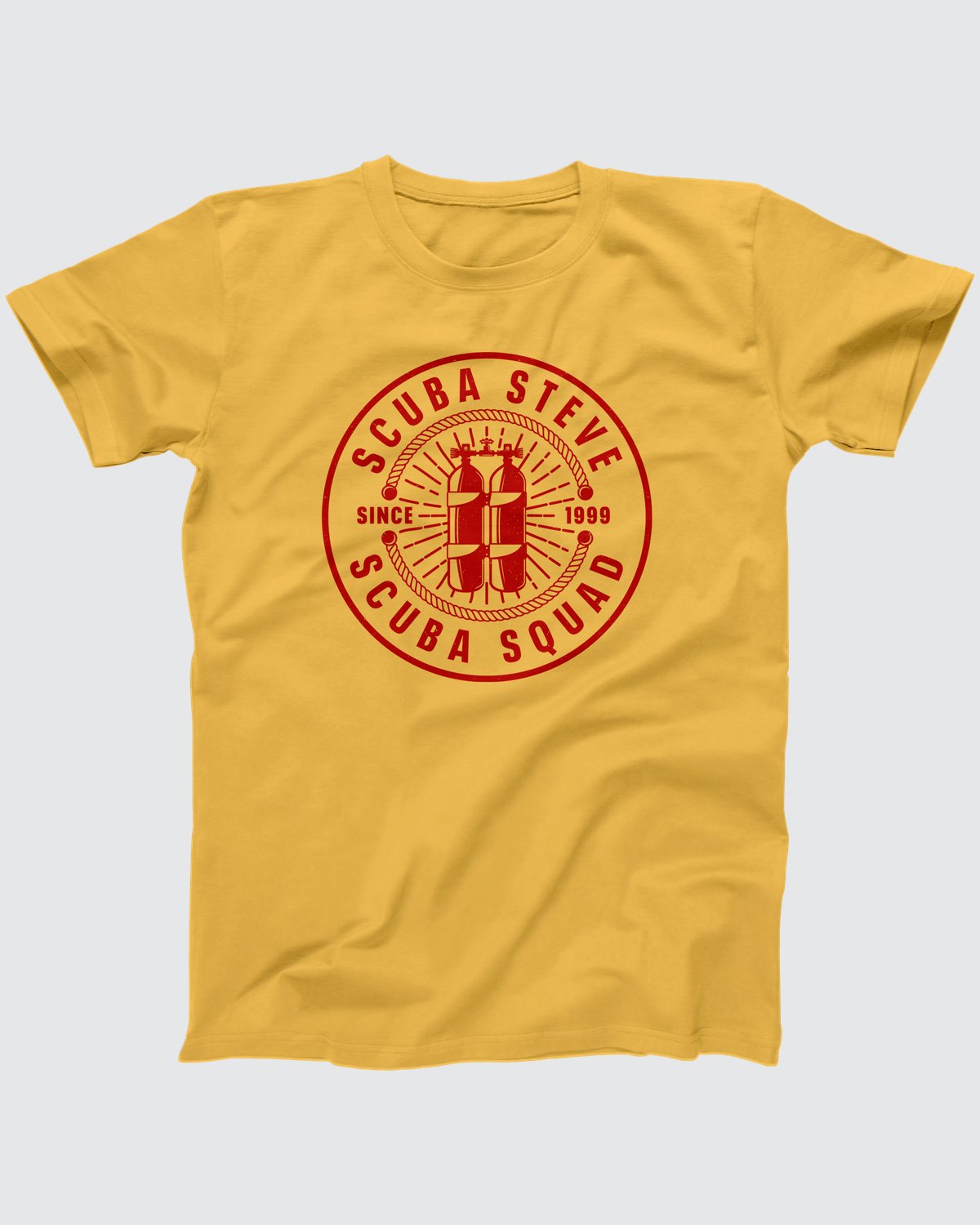 Scuba Steve Scuba Squad T-Shirt, flat lay on grey