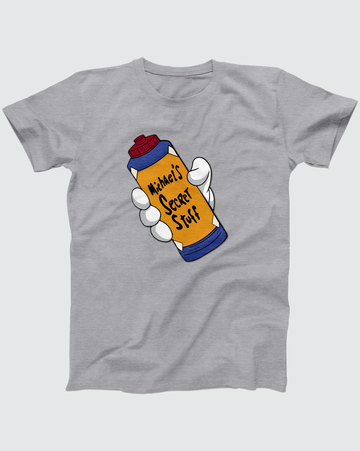 Michael's Secret Stuff T-Shirt, flat lay on grey