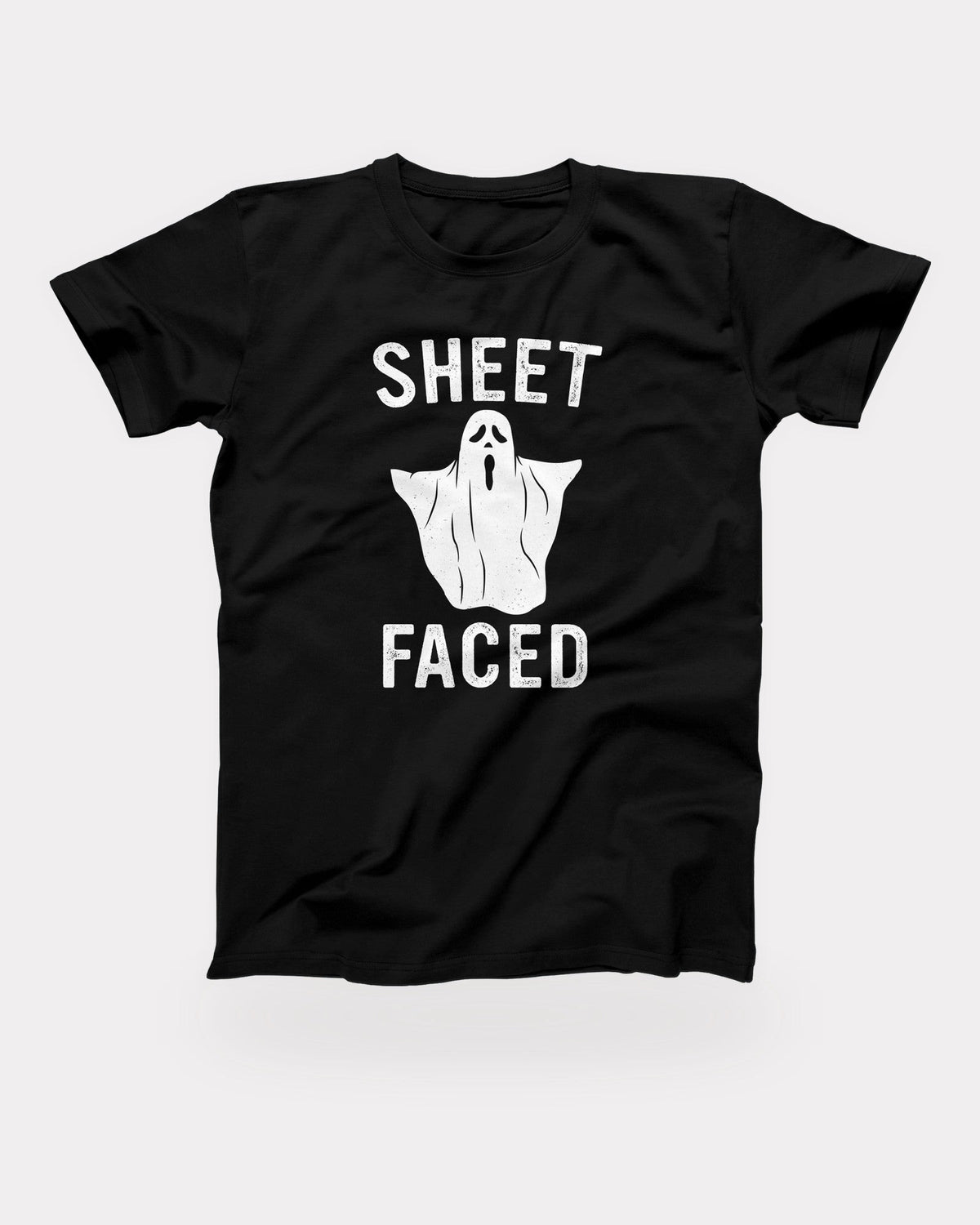 Sheet Faced T-Shirt in Black, flat lay on grey