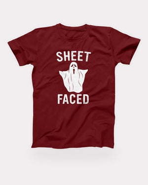 Sheet Faced T-Shirt in Cardinal, flat lay on grey