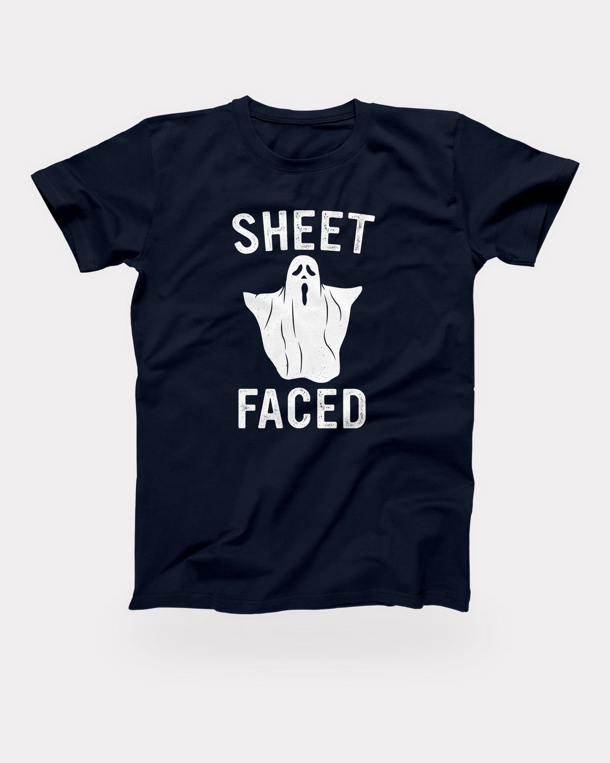 Sheet Faced T-Shirt in Navy, flat lay on grey