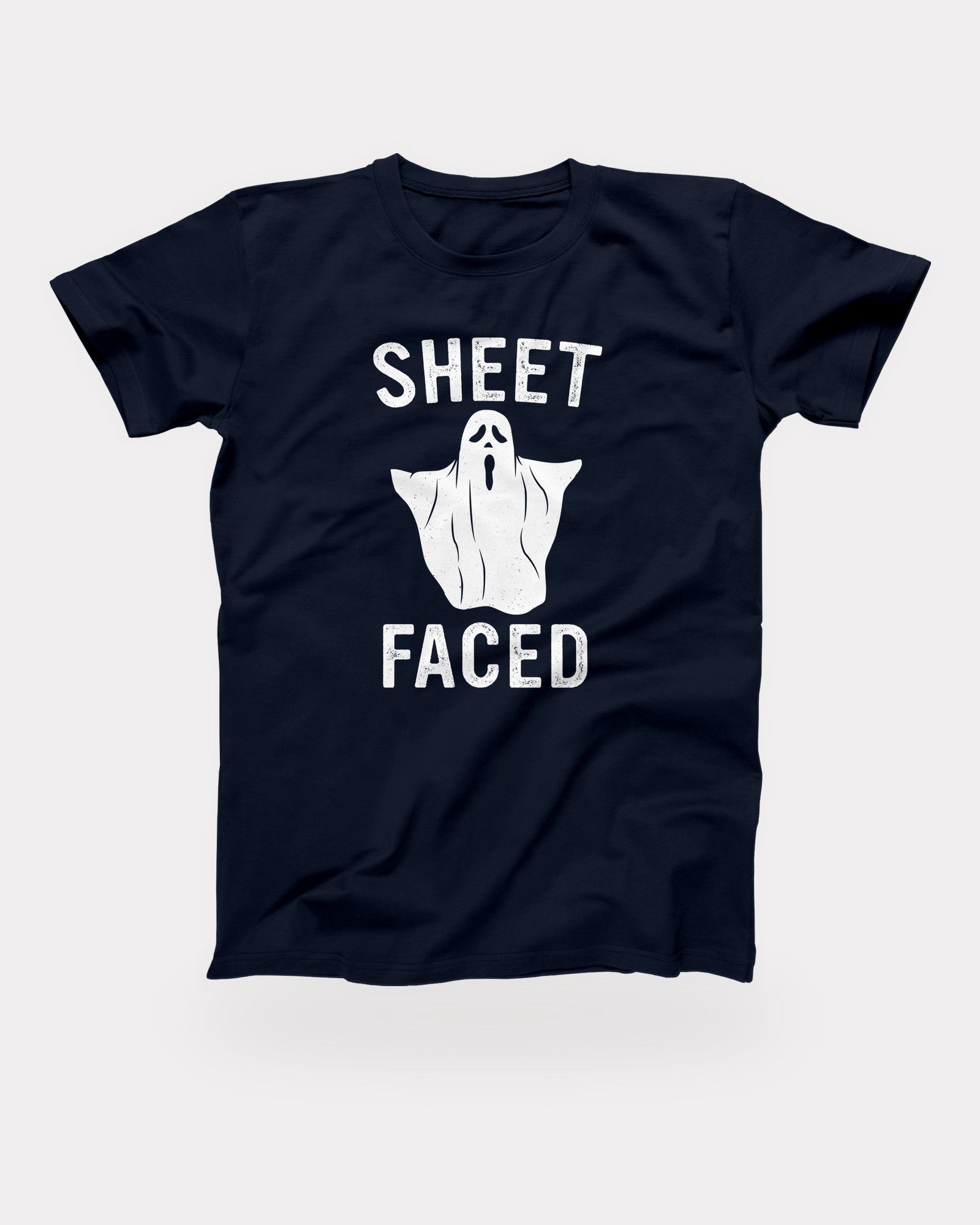 Sheet Faced T-Shirt in Navy, flat lay on grey