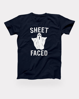 Sheet Faced T-Shirt in Navy, flat lay on grey