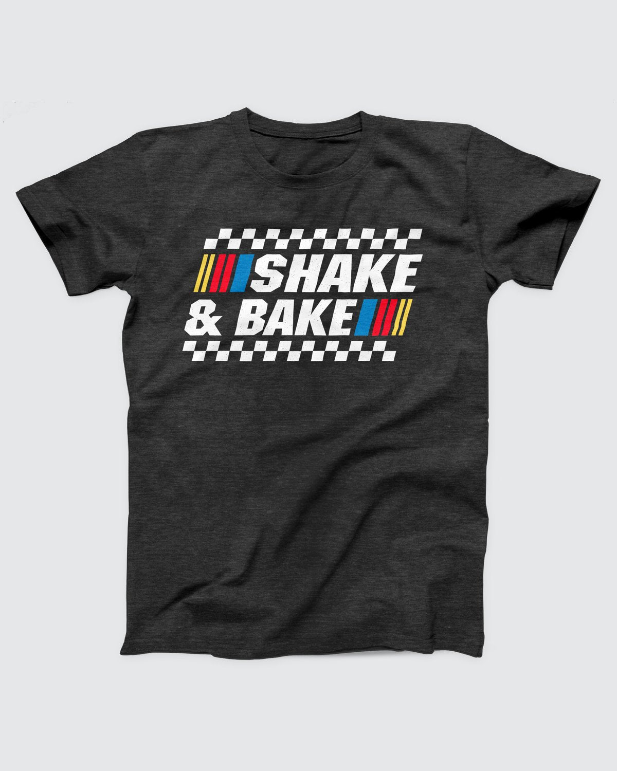 Shake and Bake T-Shirt, flat lay on grey