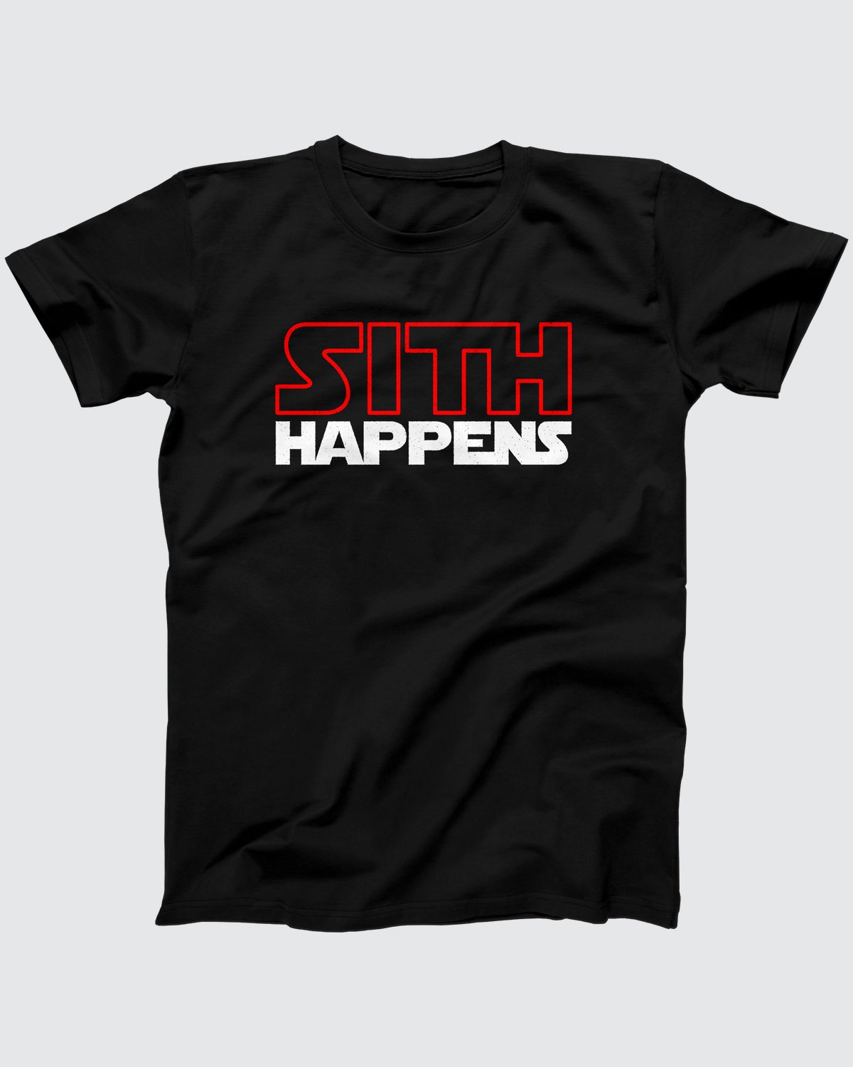 Sith Happens t-shirt in Black, flat lay on grey