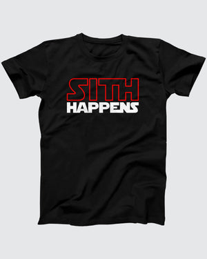 Sith Happens t-shirt in Black, flat lay on grey