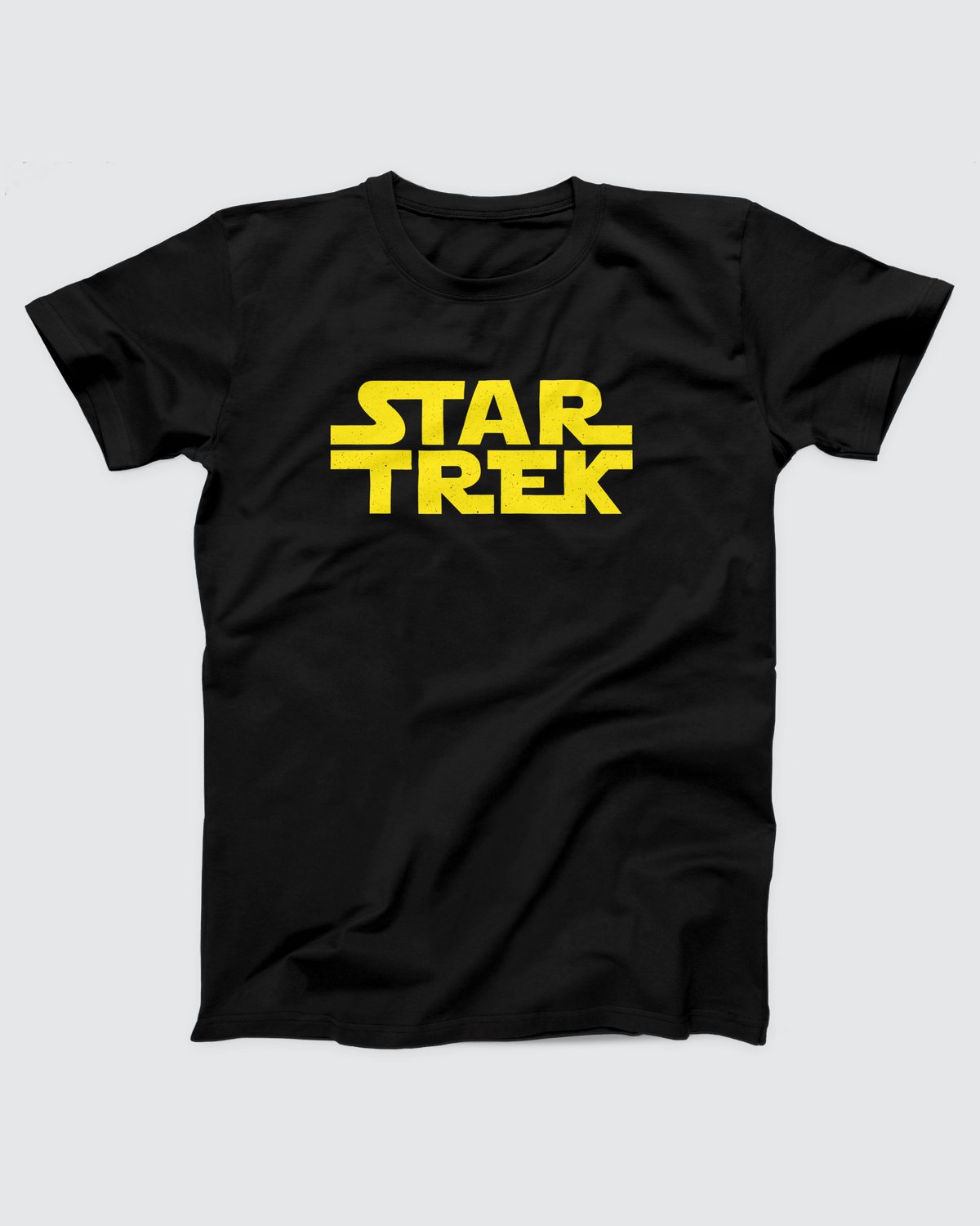 Trek Wars t-shirt in Black, flat lay on grey