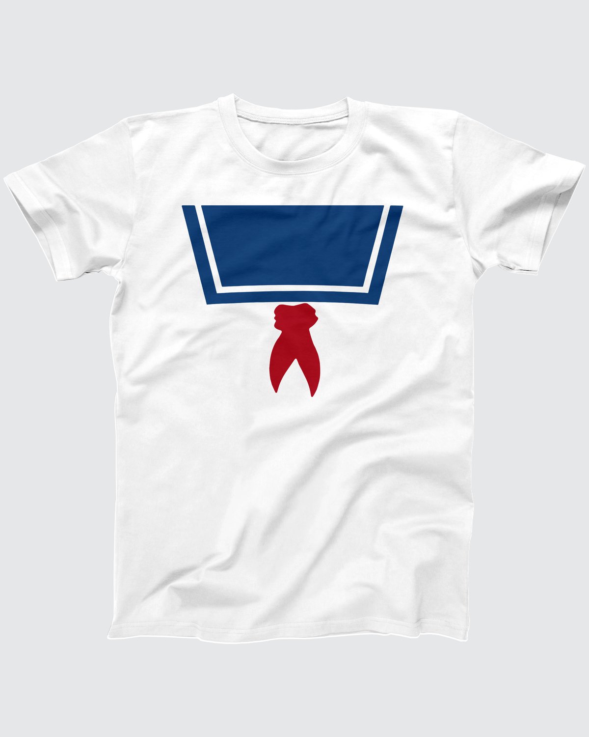Stay Puft Marshmallow Man T-Shirt, flat lay on grey