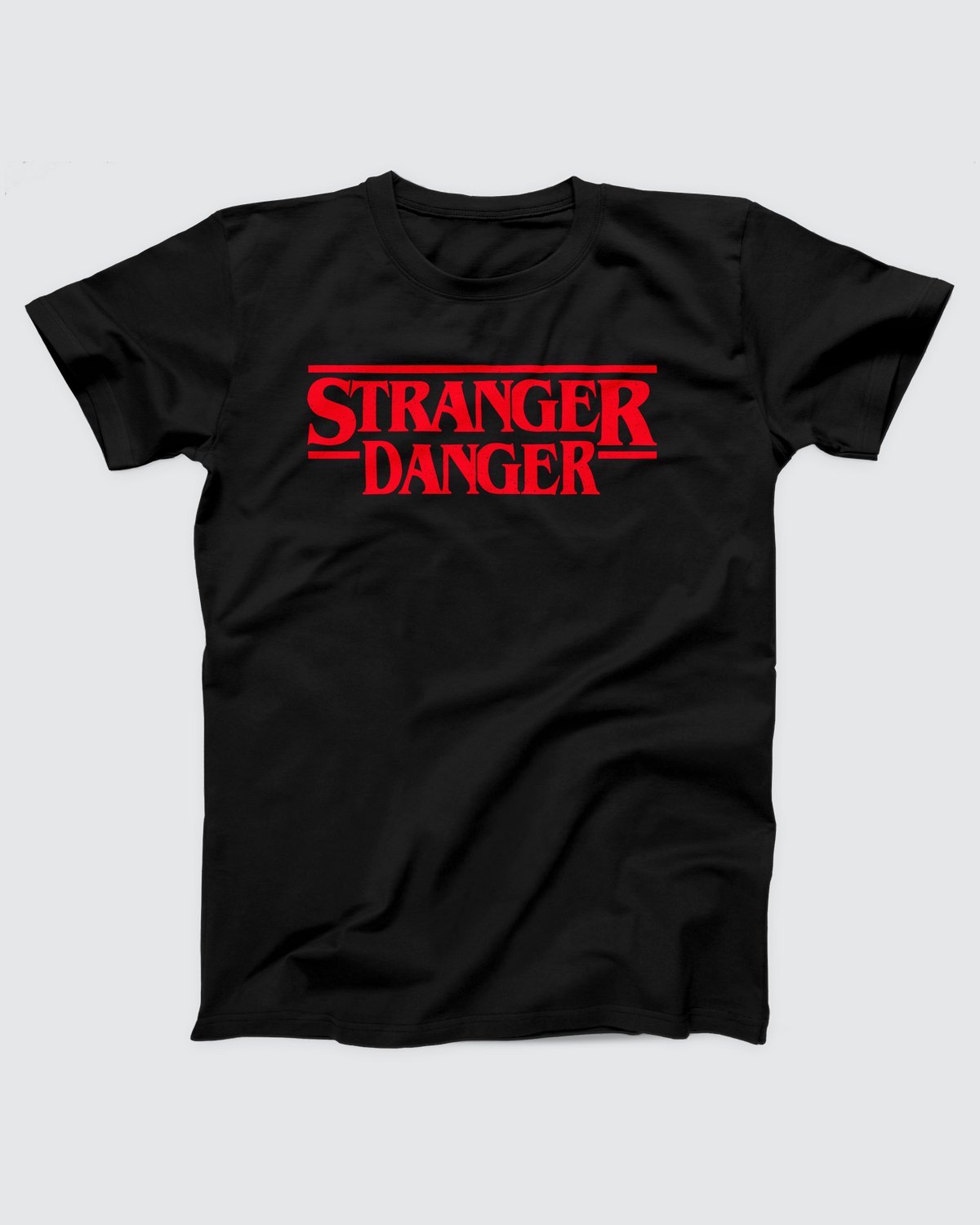 Stranger Danger T-Shirt, flat lay on grey