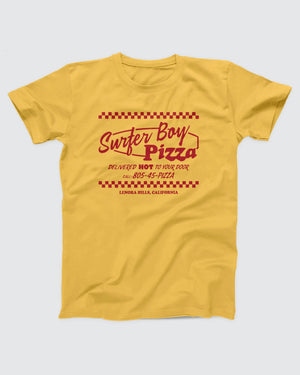 Surfer Boy Pizza T-Shirt, flat lay on grey