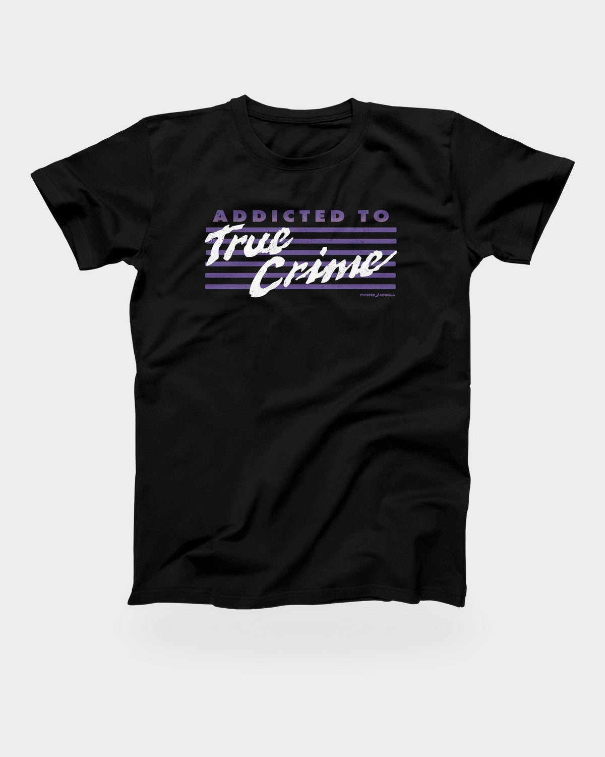 Addicted to True Crime T-Shirt in Black, flat lay on grey
