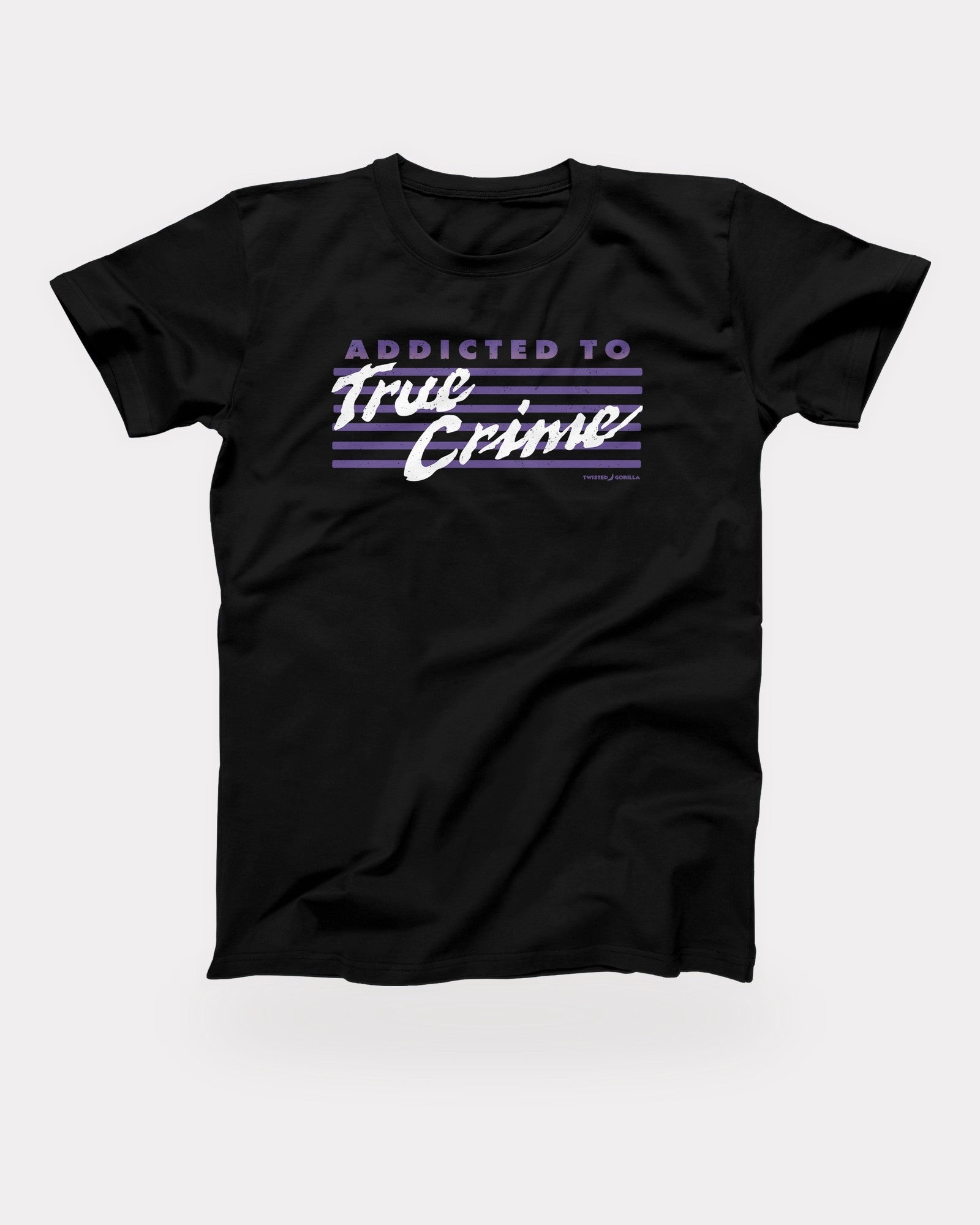 Addicted to True Crime T-Shirt in Black, flat lay on grey