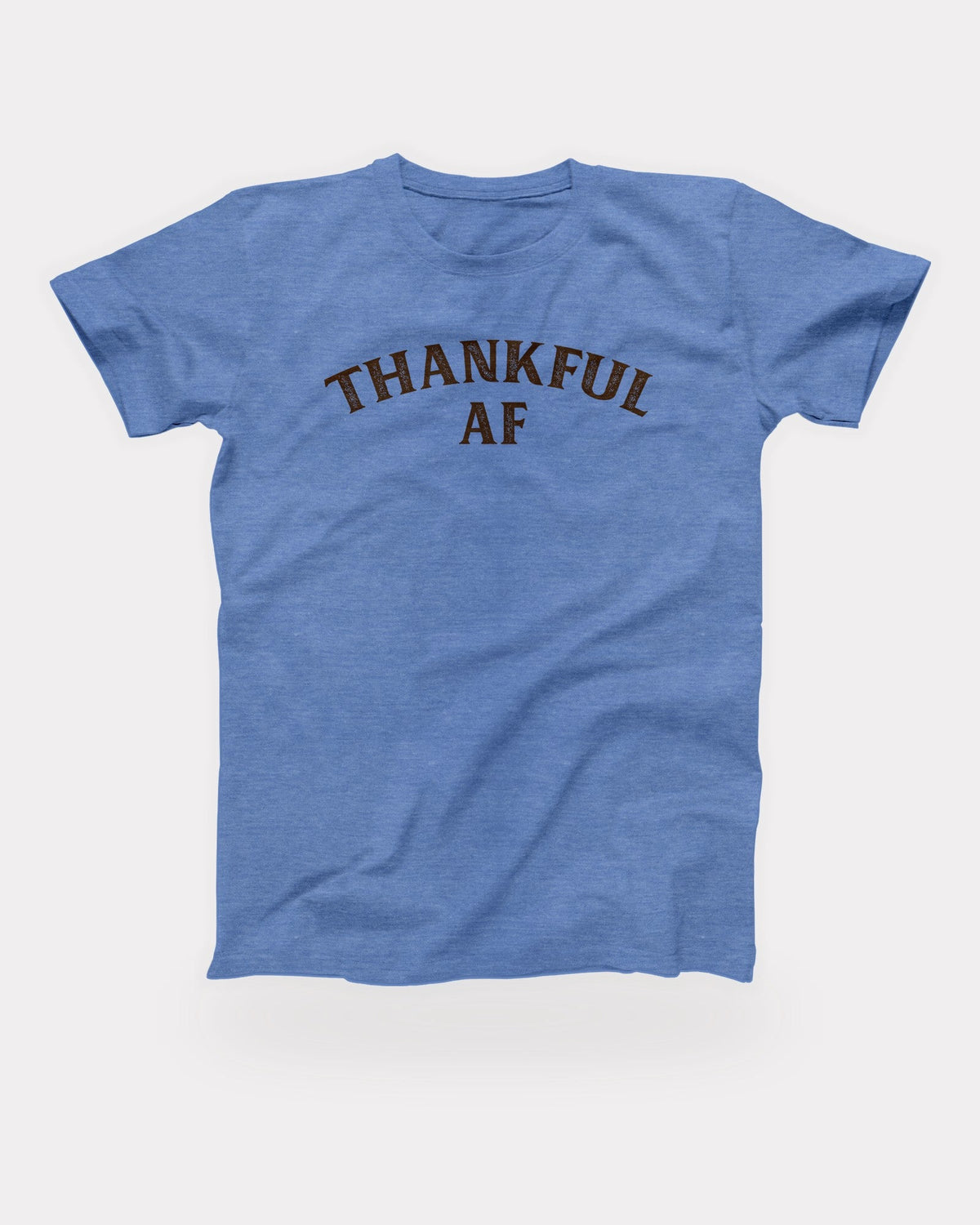 Thankful AF T-Shirt in Heather Columbia Blue, flat lay on grey