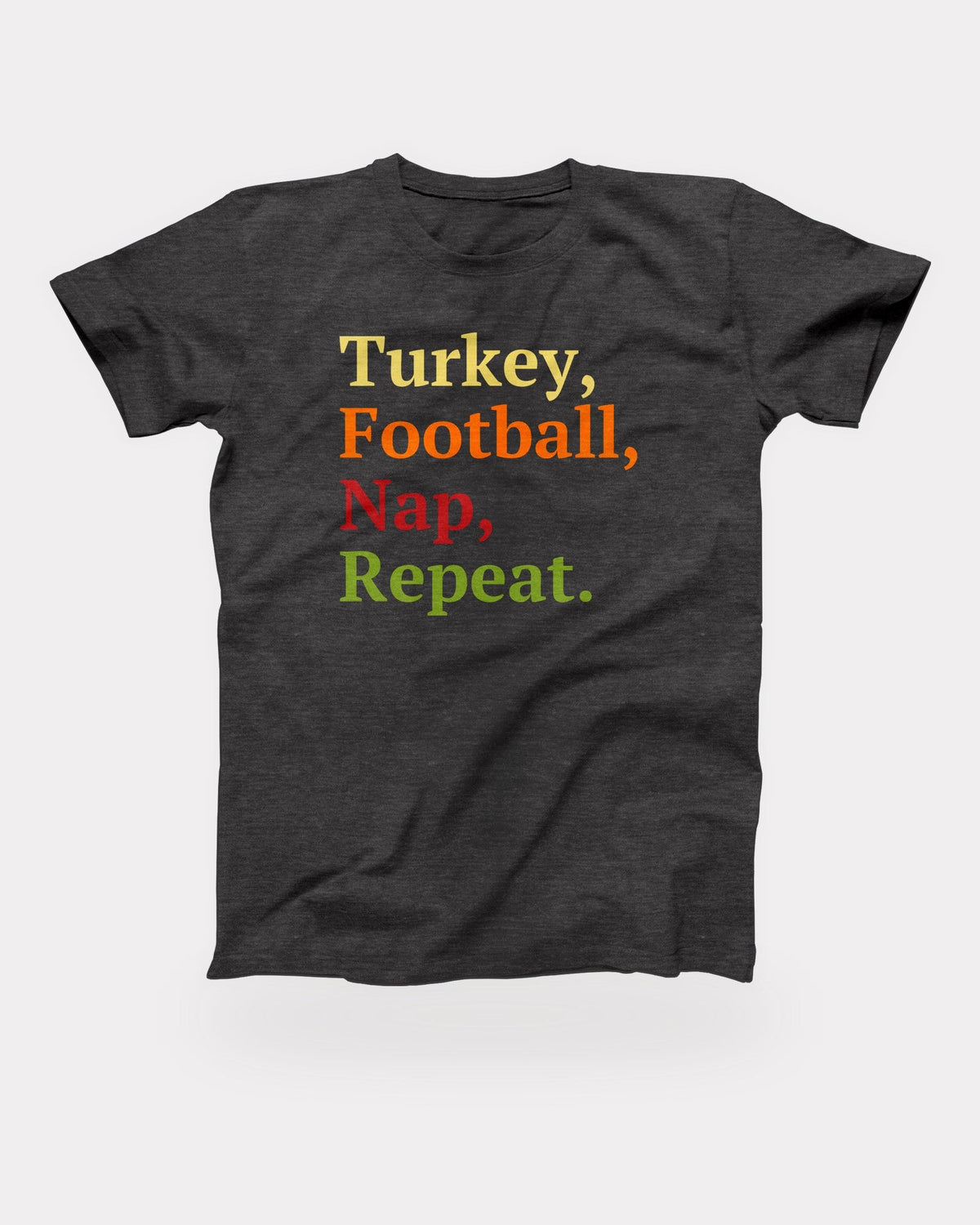 Turkey, Football, Nap, Repeat T-Shirt in Dark Grey Heather, flat lay on grey