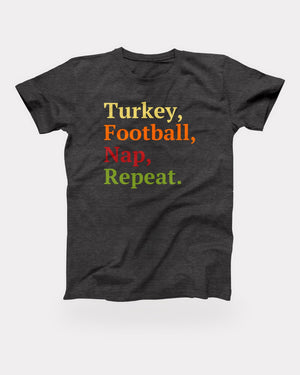Turkey, Football, Nap, Repeat T-Shirt in Dark Grey Heather, flat lay on grey