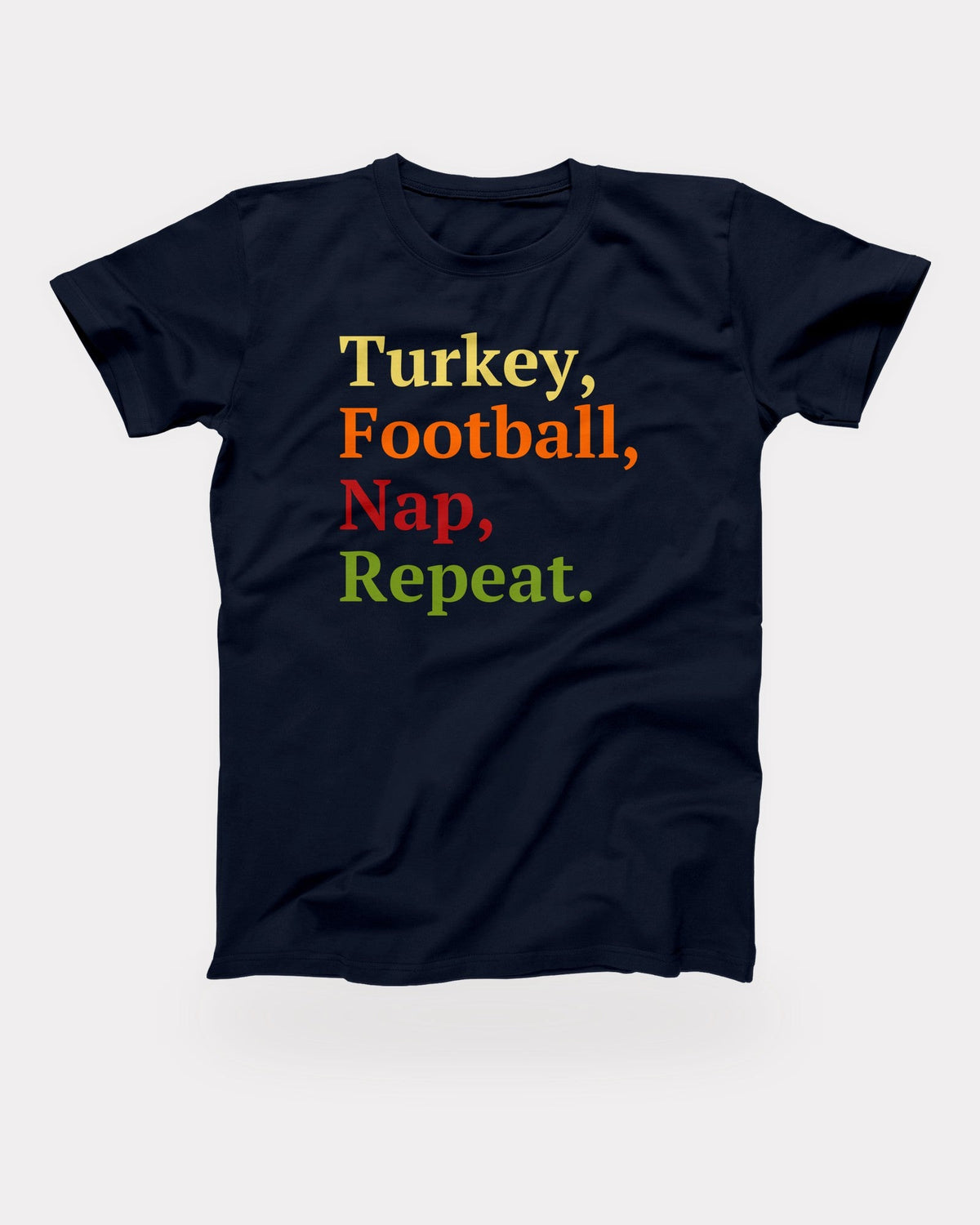 Turkey, Football, Nap, Repeat T-Shirt in Navy, flat lay on grey