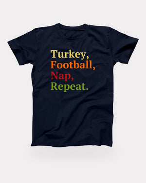 Turkey, Football, Nap, Repeat T-Shirt in Navy, flat lay on grey