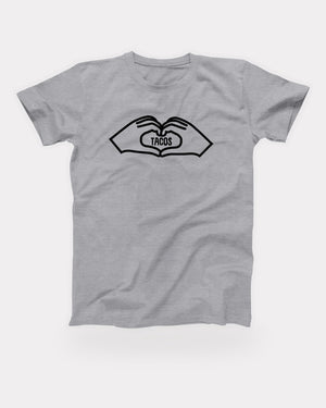 Tacos Heart T-Shirt in Athletic Heather, flat lay on grey