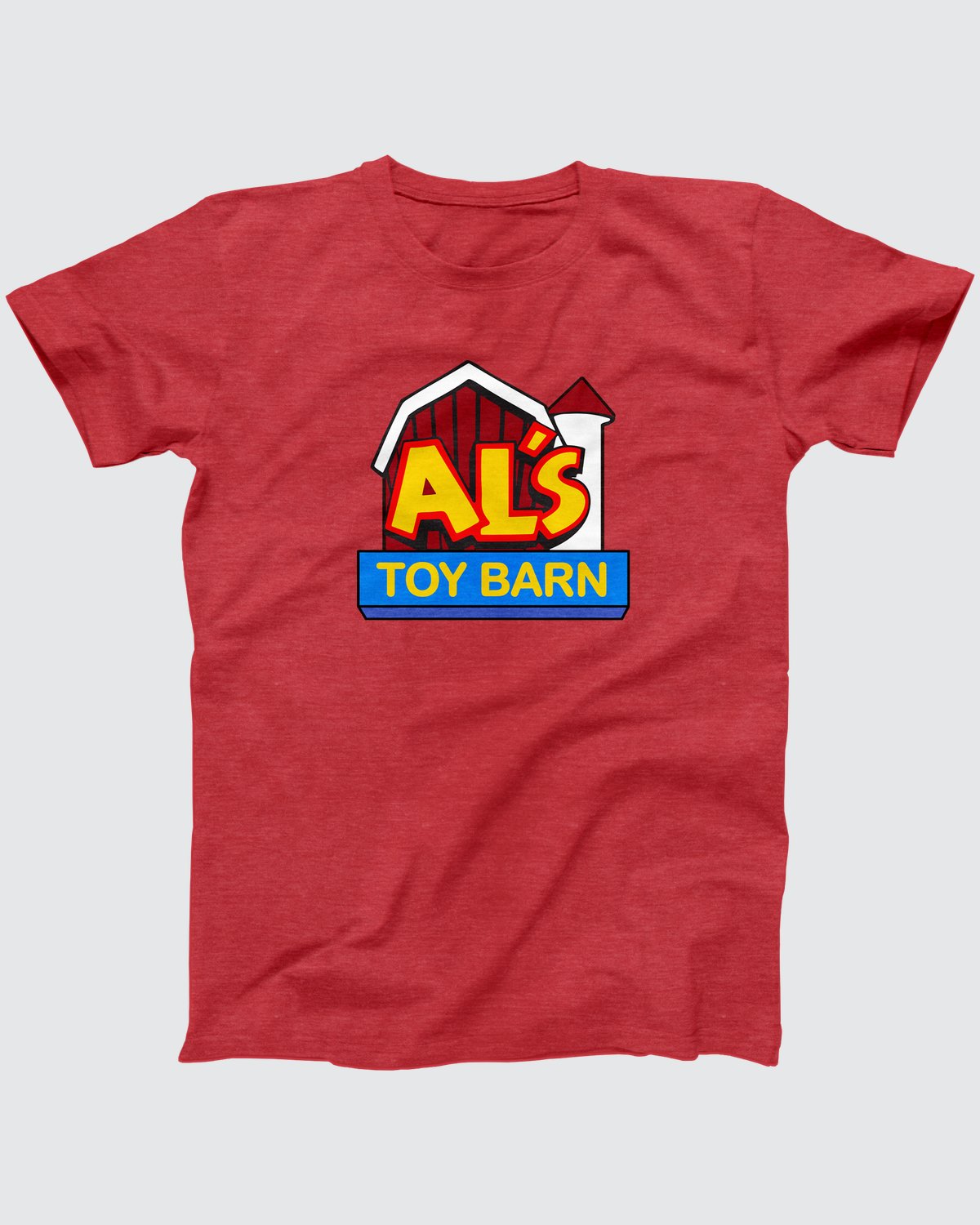 Al's Toy Barn T-Shirt, flat lay on grey