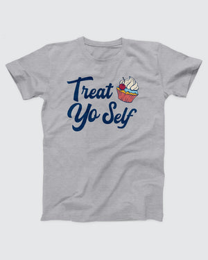 Treat Yo Self T-Shirt, flat lay on grey