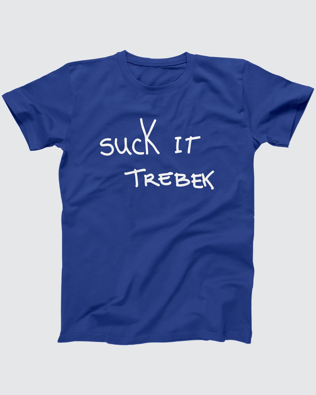 Suck It Trebek T-Shirt, flat lay on grey