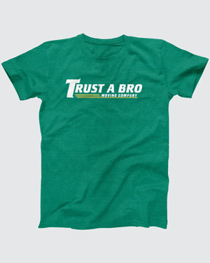 Trust A Bro Moving Company t-shirt in Heather Kelly, flat lay on grey