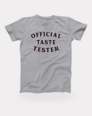 Official Taste Tester T-Shirt in Athletic Heather, flat lay on grey