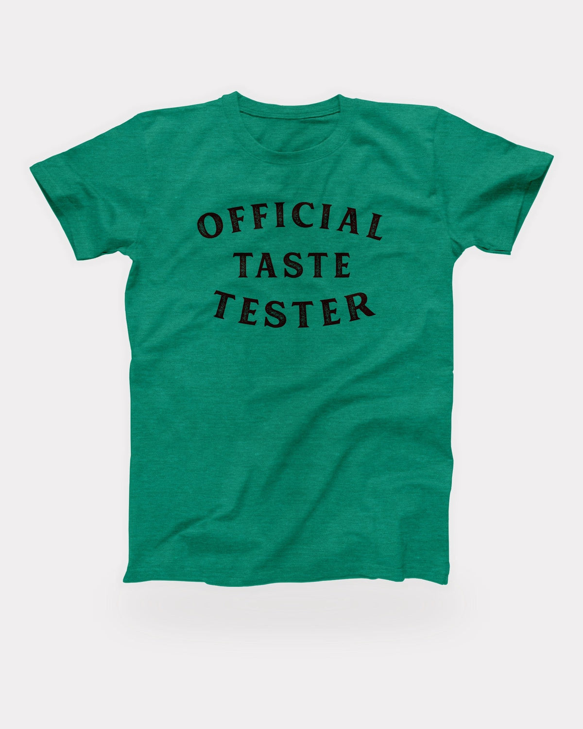 Official Taste Tester T-Shirt in Heather Kelly, flat lay on grey