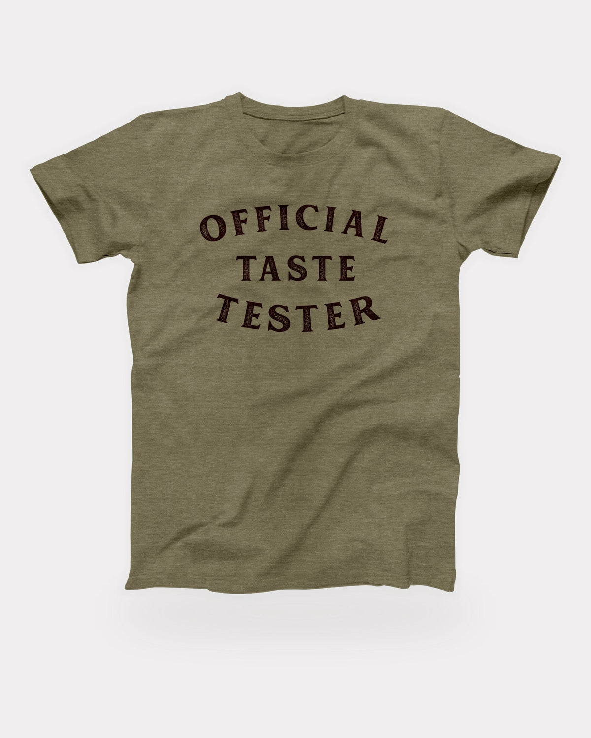 Official Taste Tester T-Shirt in Heather Olive, flat lay on grey