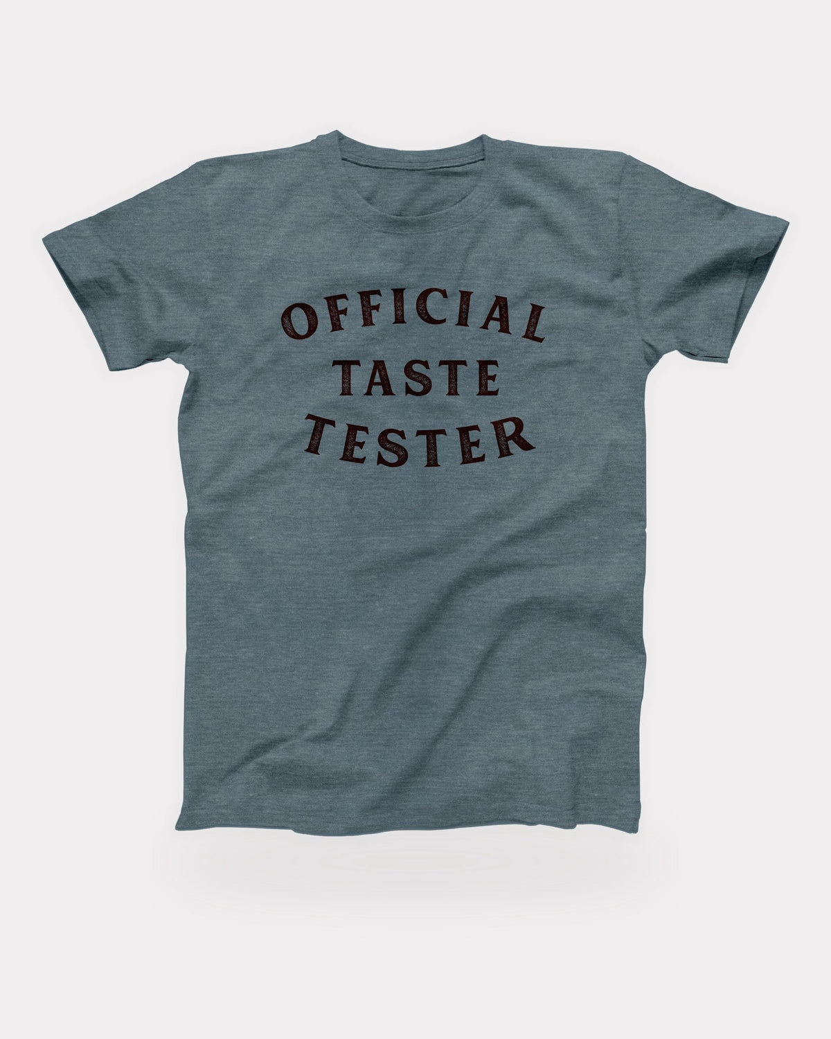 Official Taste Tester T-Shirt in Heather Slate, flat lay on grey
