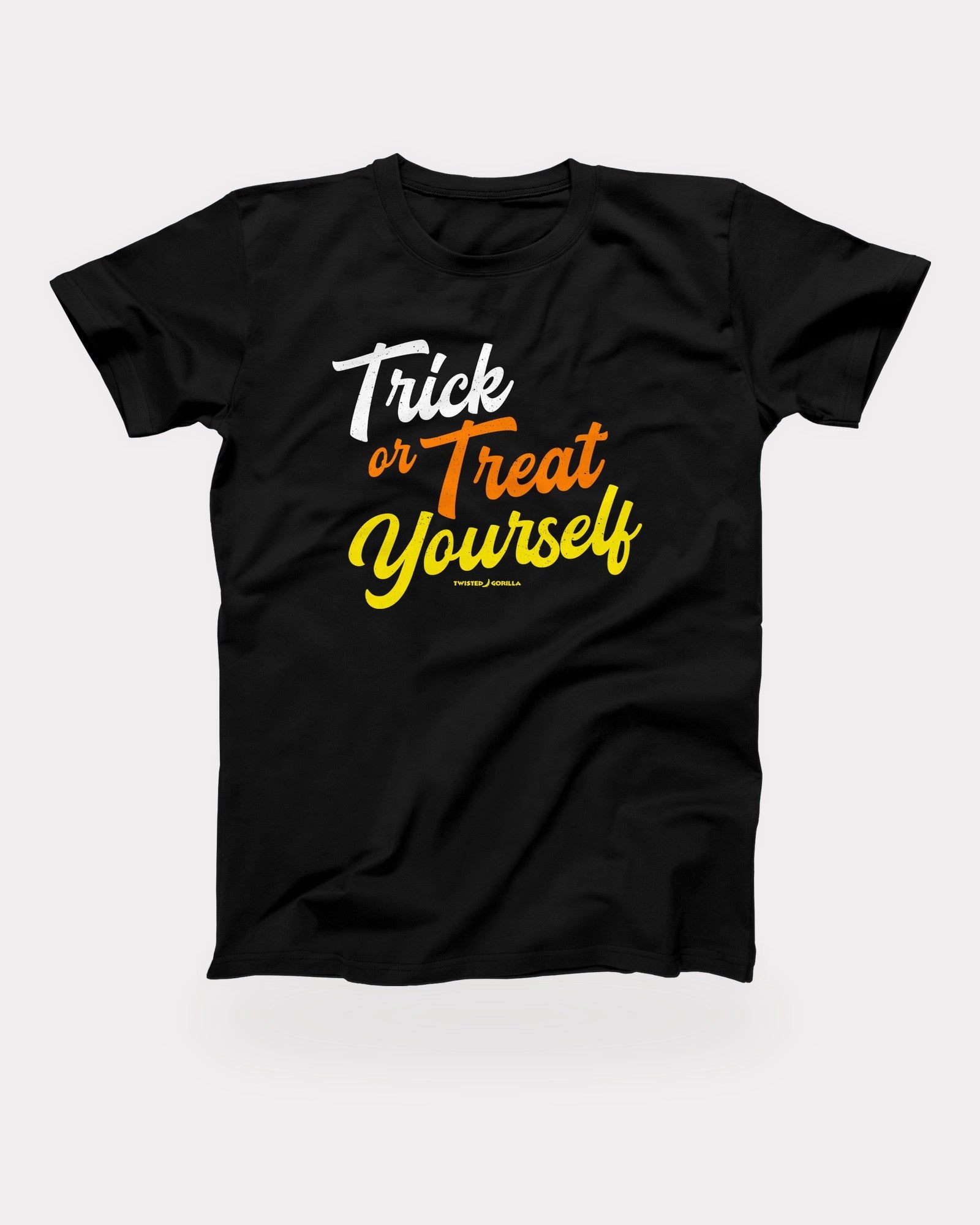 Trick or Treat Yourself T-Shirt in Black, flat lay on grey