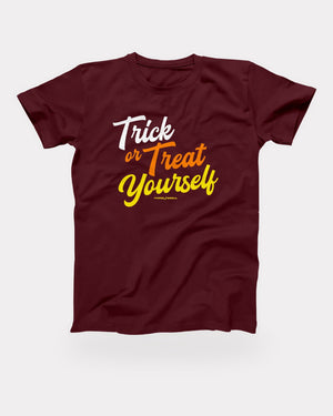 Trick or Treat Yourself T-Shirt in Maroon, flat lay on grey