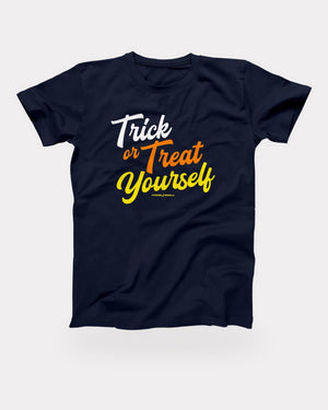 Trick or Treat Yourself T-Shirt in Navy, flat lay on grey