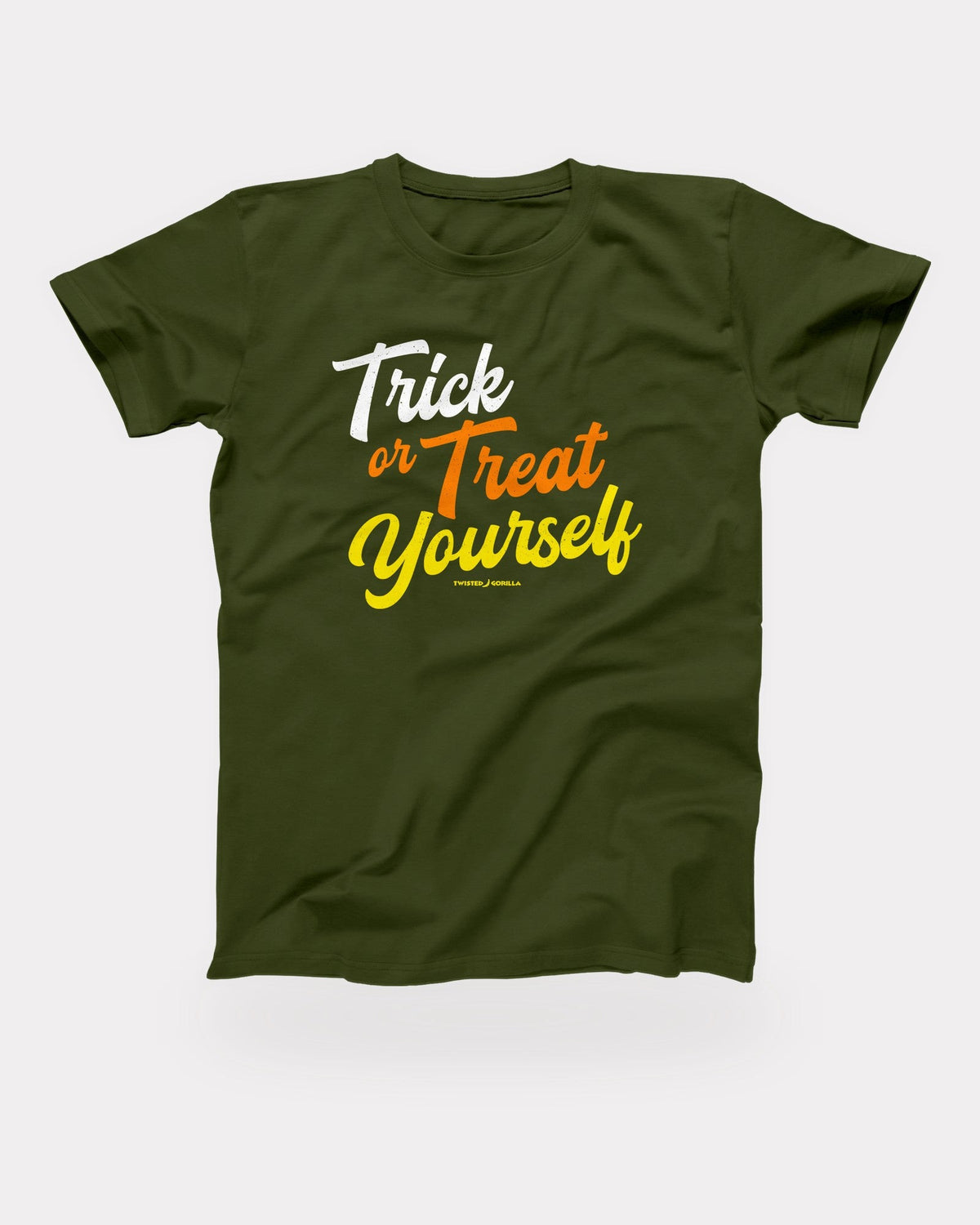 Trick or Treat Yourself T-Shirt in Olive, flat lay on grey