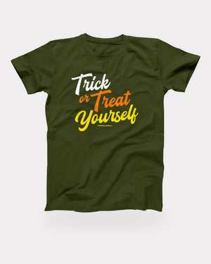 Trick or Treat Yourself T-Shirt in Olive, flat lay on grey